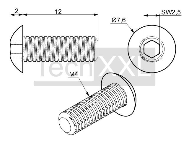 Vis à tête bombée M4 x 12 mm en inox 316